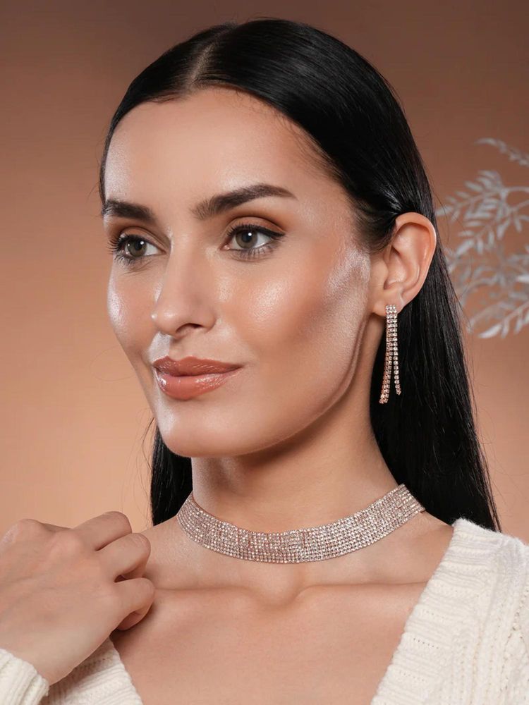 Gahan 18 k Rose Gold Plated Crystal AD & Zirconia Studded Multi Strand Statement Jewellery Set-image-34