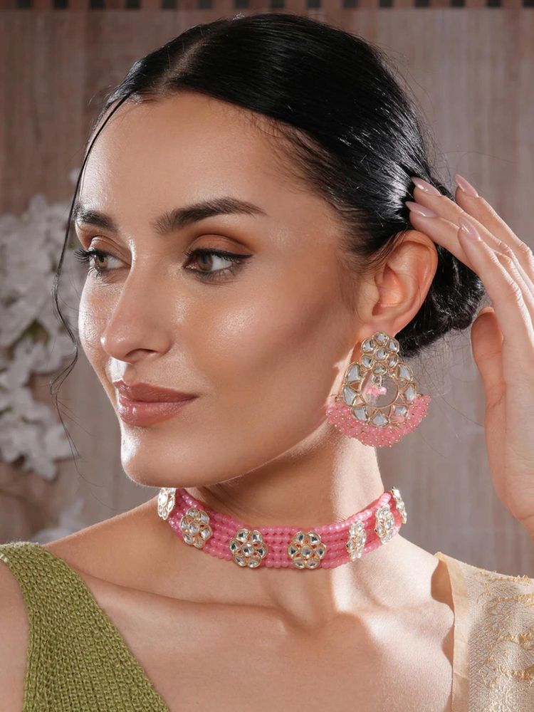 Gahan Gold-Plated Baby Pink Kundan-Studded & Beaded Necklace & Earrings Set-picture-5