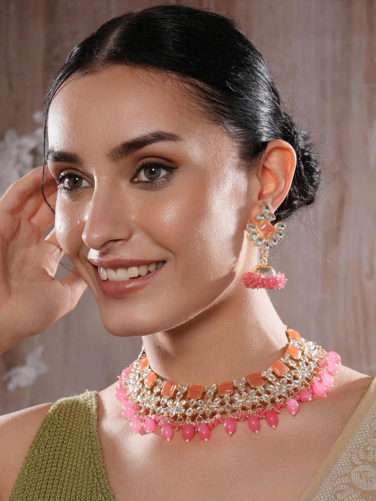 Gahan Gold-Plated Peach Pink Kundan-Studded & Beaded Necklace & Earrings Set-picture-31