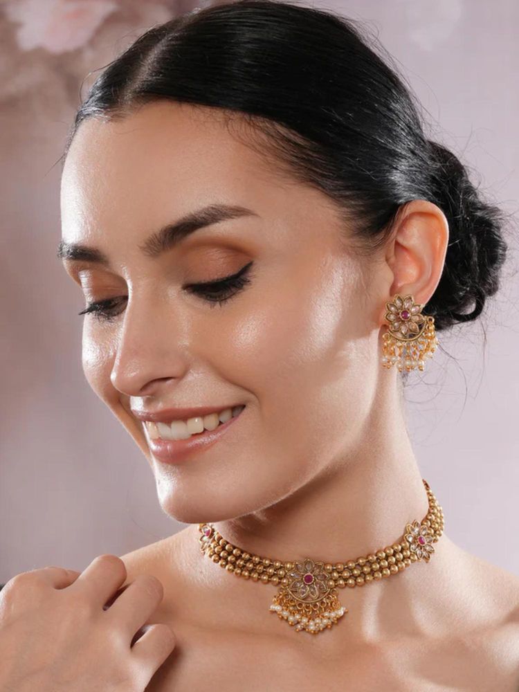 Gahan Gold-Plated Kundan-Studded & Ruby Red Pearls Beaded Necklace & Earrings Set-image-17