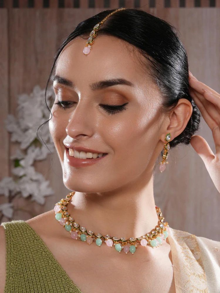 Gahan Jazz And Sizzle Gold-Plated Kundan Studded & Beaded Jewellery Set With Maangtikka-picture-34