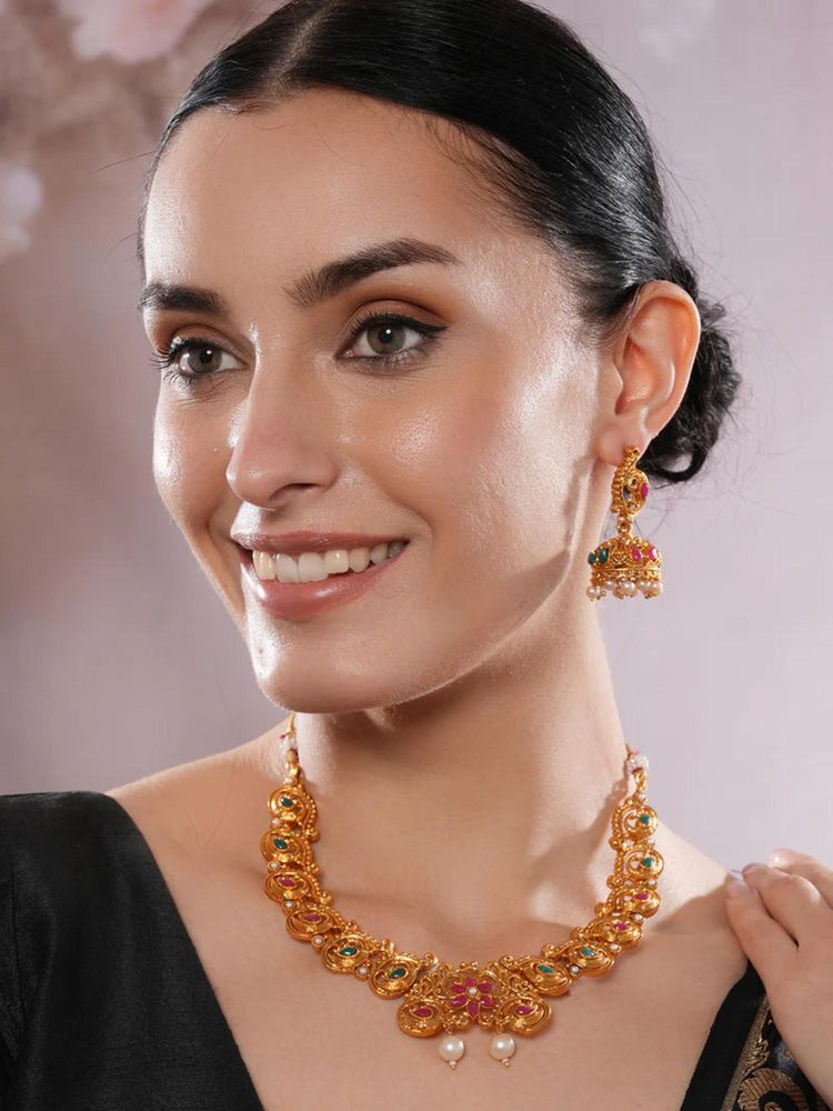 Gahan Jazz And Sizzle Gold-Plated Multicolor Stone Studded- Antique Peacock Necklace Set-picture-7