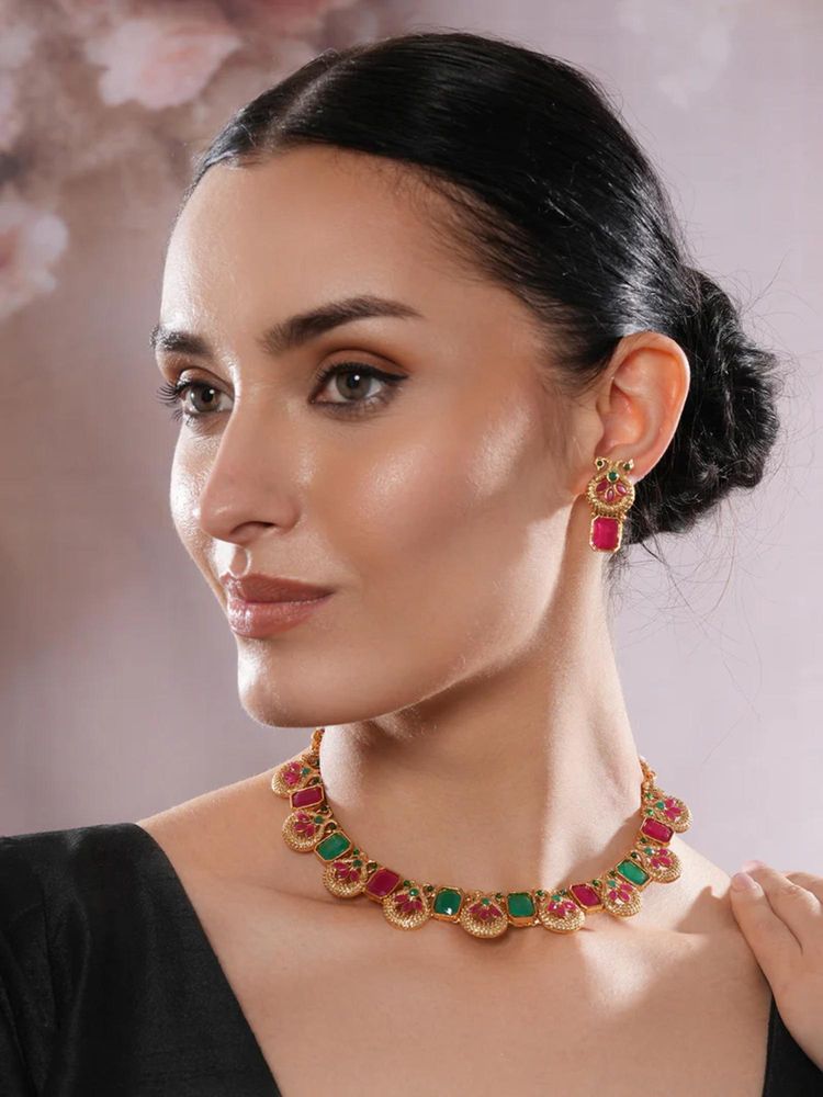 Gahan Jazz And Sizzle Gold-Plated Red & Green Stone Studded- Peacock Necklace Set-picture-20