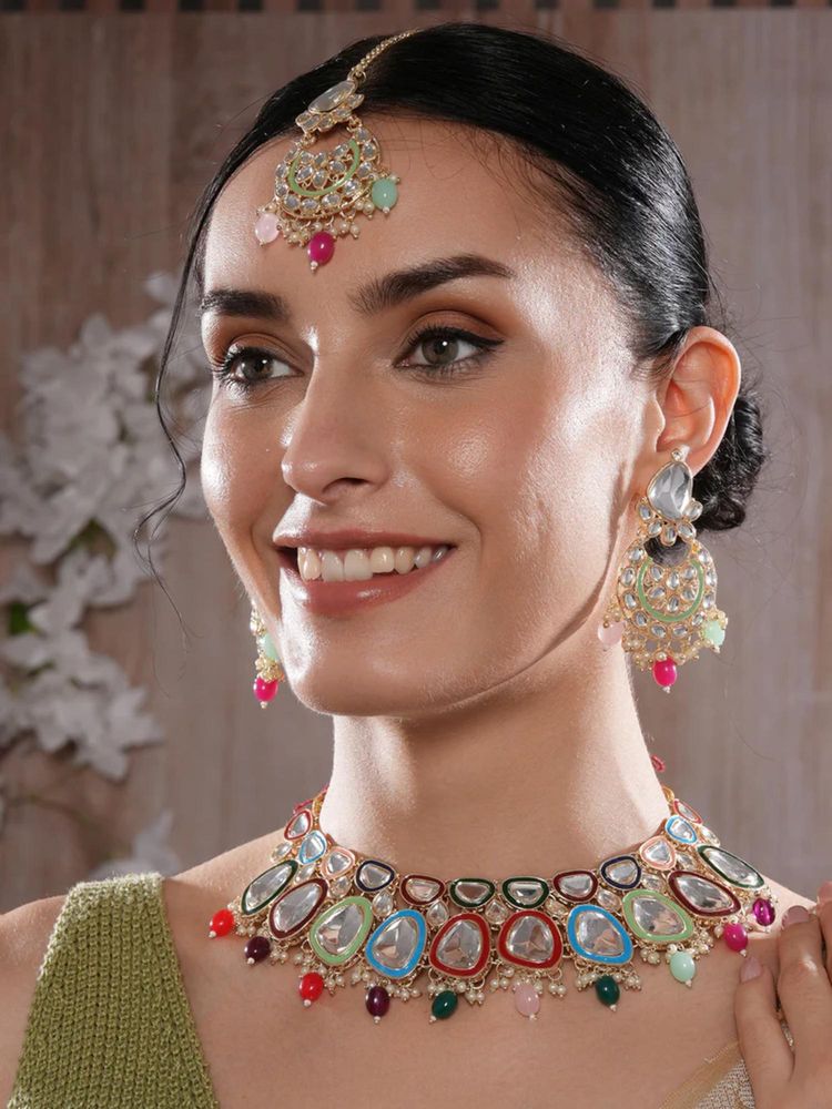 Gahan Jazz And Sizzle Gold-Plated Multicoloured Stone Studded Jewellery Set With Maangtikka-picture-4
