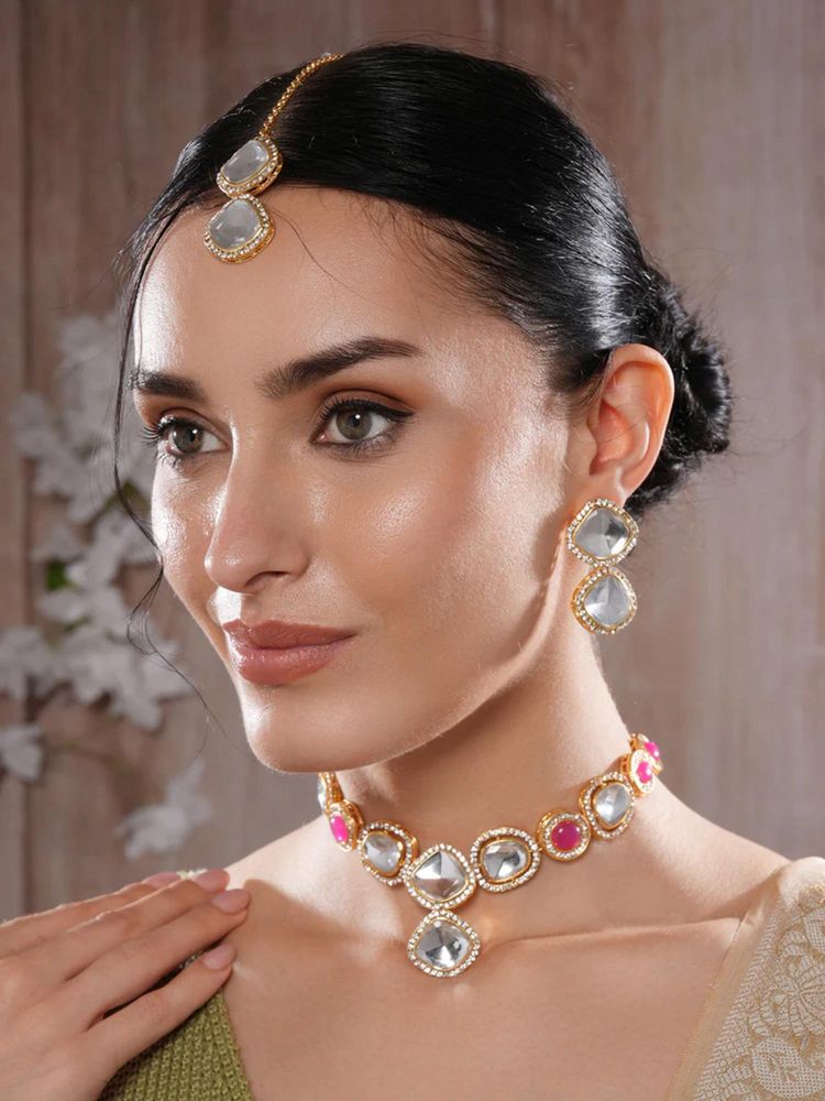 Gahan Jazz And Sizzle Gold-Plated Red & White Stone Studded Jewellery Set With Manngtikka-picture-28