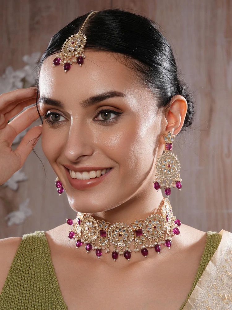 Gahan 18 k Gold Plated Kundan & Zirconia Pearl Beaded Necklace and Earring With Maangtikka-picture-15
