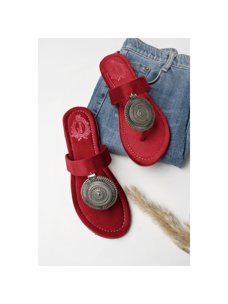 Shoetopia Ethnic Jewel Detailed Embellished Cherry Flats-image-0