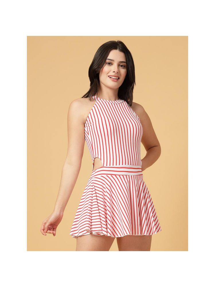 Cukoo Padded Striped Print Red Side Cut Swimsuit-image-48