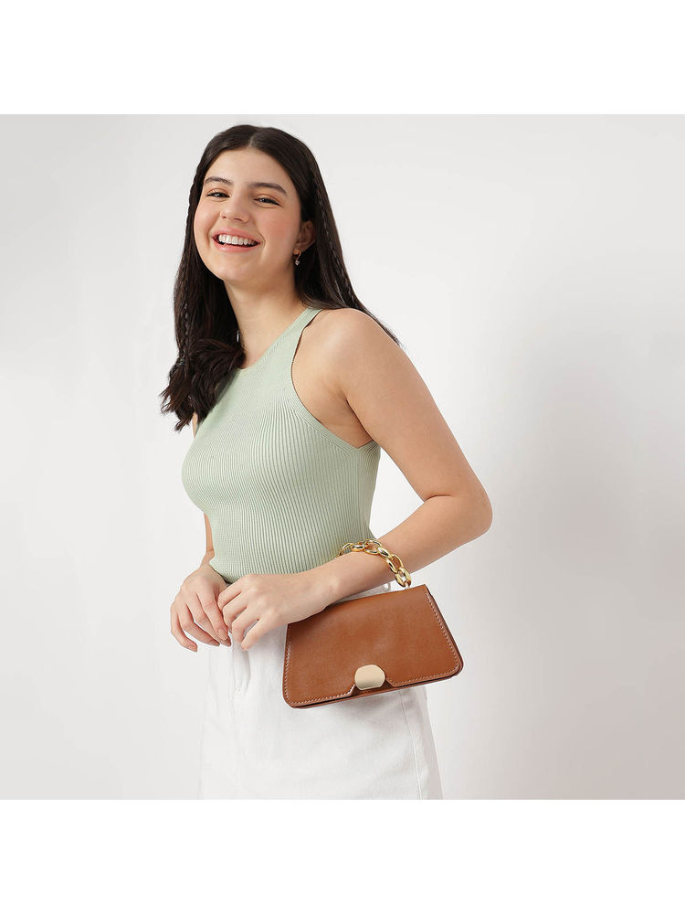 Tan Pu Solid Satchel Bag for Women with Gold Metal Chain and Detachable Strap