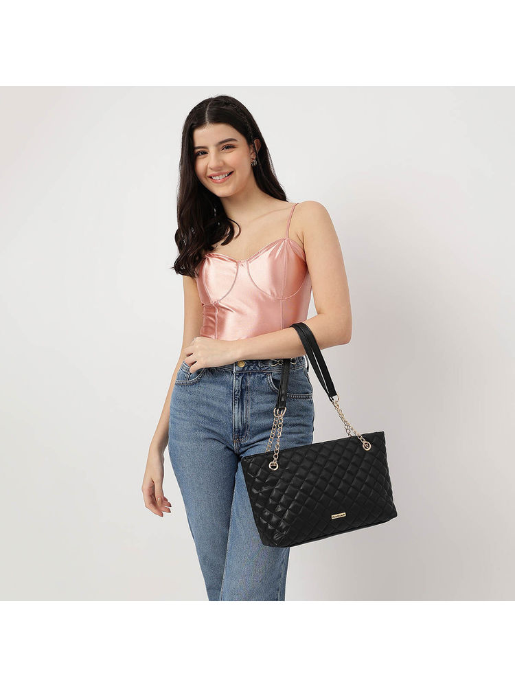 fastrack accessories Black Pu Structured Quilted Tote Bag with Chain Shoulder Straps-picture-46