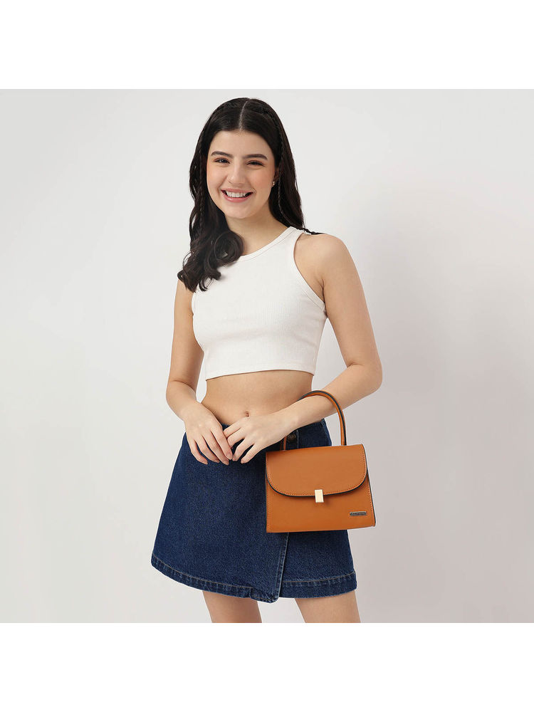 fastrack accessories Tan Solid Pu Structured Bag for Women with Detachable Strap with Button Closure-picture-16