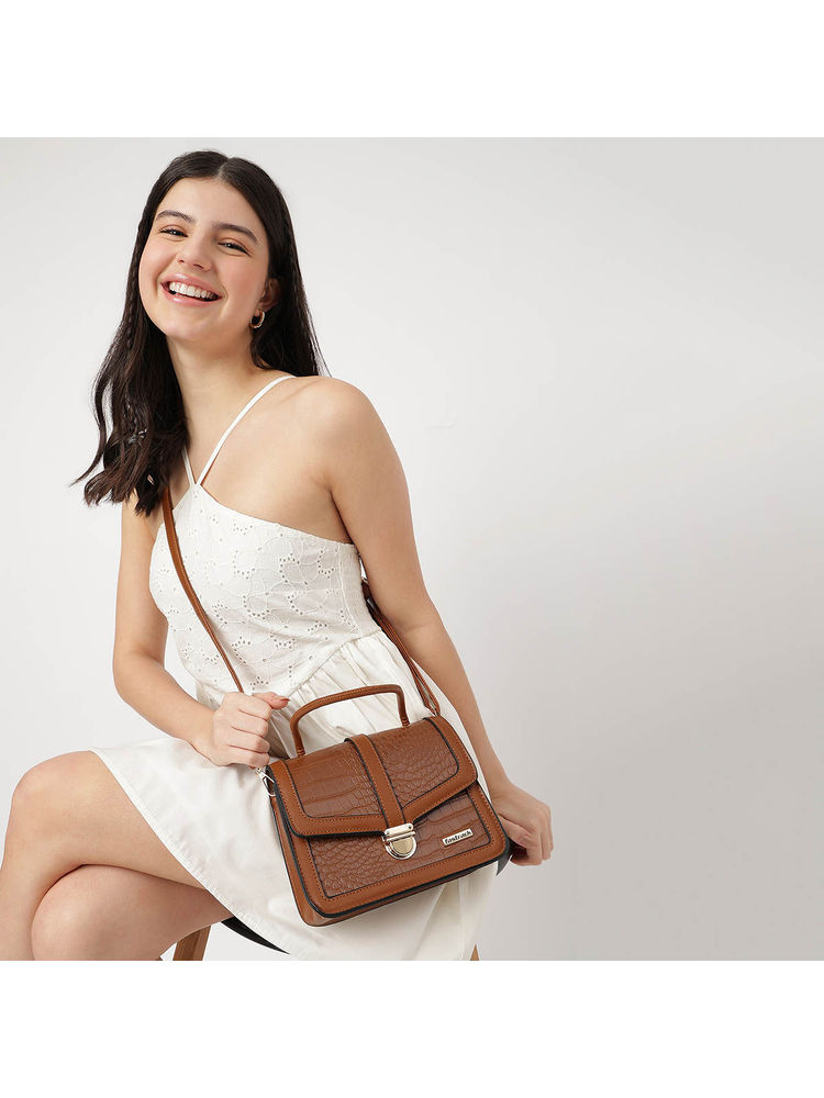 fastrack accessories Brown PU Structured Sling Bag For Women With Croc Textured Faux Leather Construct-picture-16