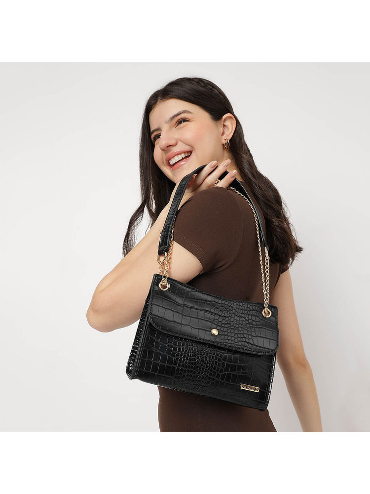 Black Croco Textured Structured Shoulder Bag For Women