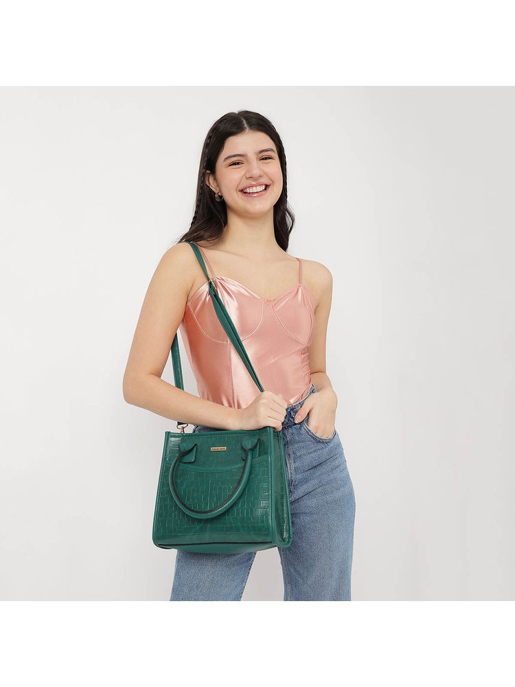 Green Croco Textured Satchel Bag For Women-image-0