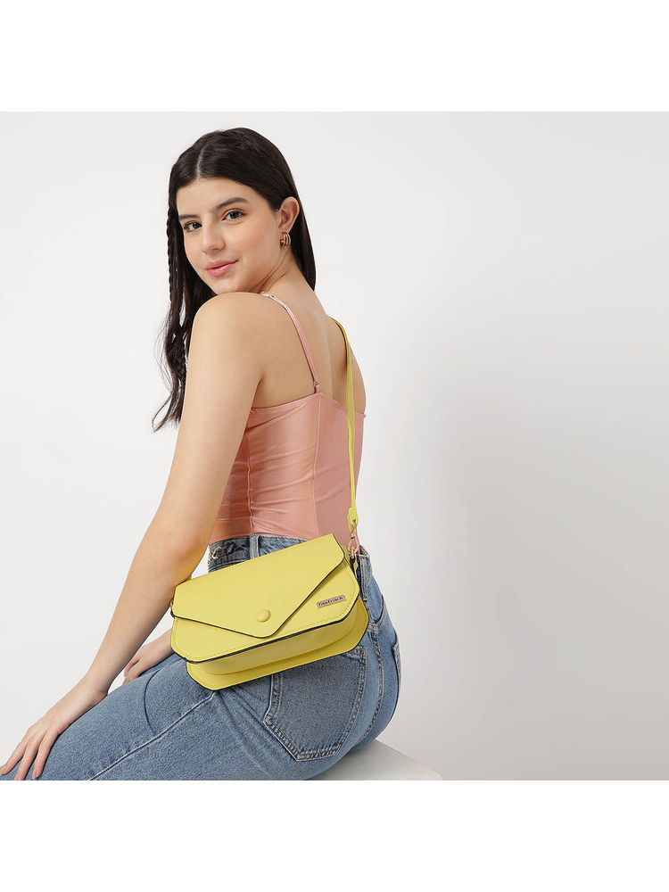 Yellow Solid Envelope-Style Mini Sling Bag With Flap Button Closure-image-8