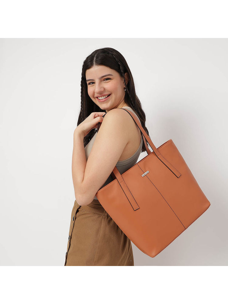 Structured Solid Tote Bag For Women With Top Zipper Closure-image-5