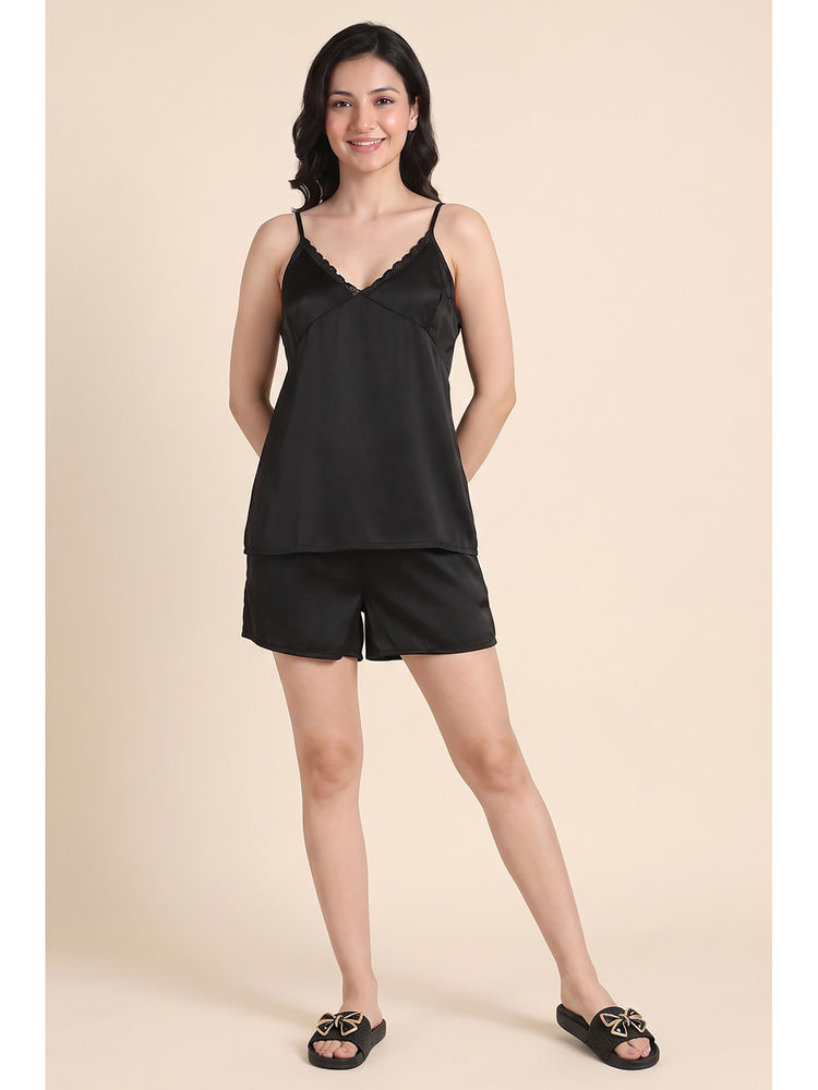 Zivame Black Solid Satin Regular Cami Top and Shorts-picture-12