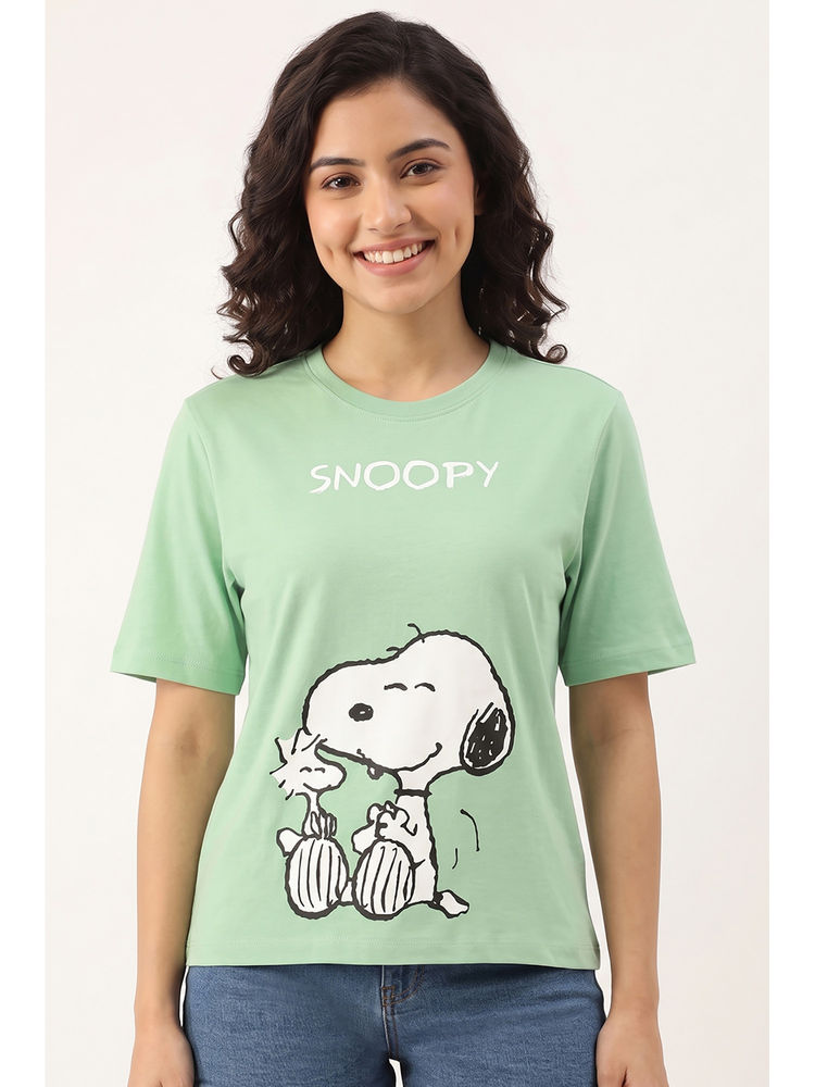 Zivame Green Printed Cotton Relaxed T-Shirt-image-3