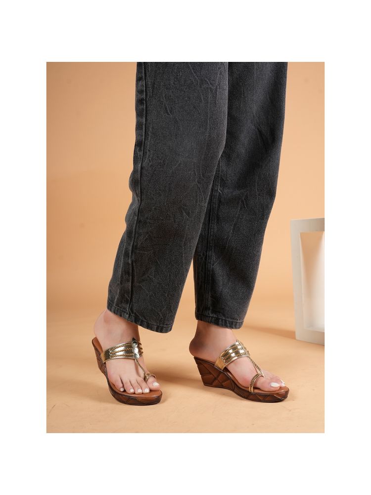 MOZAFIA Women Gold Slip On Wedges-picture-19