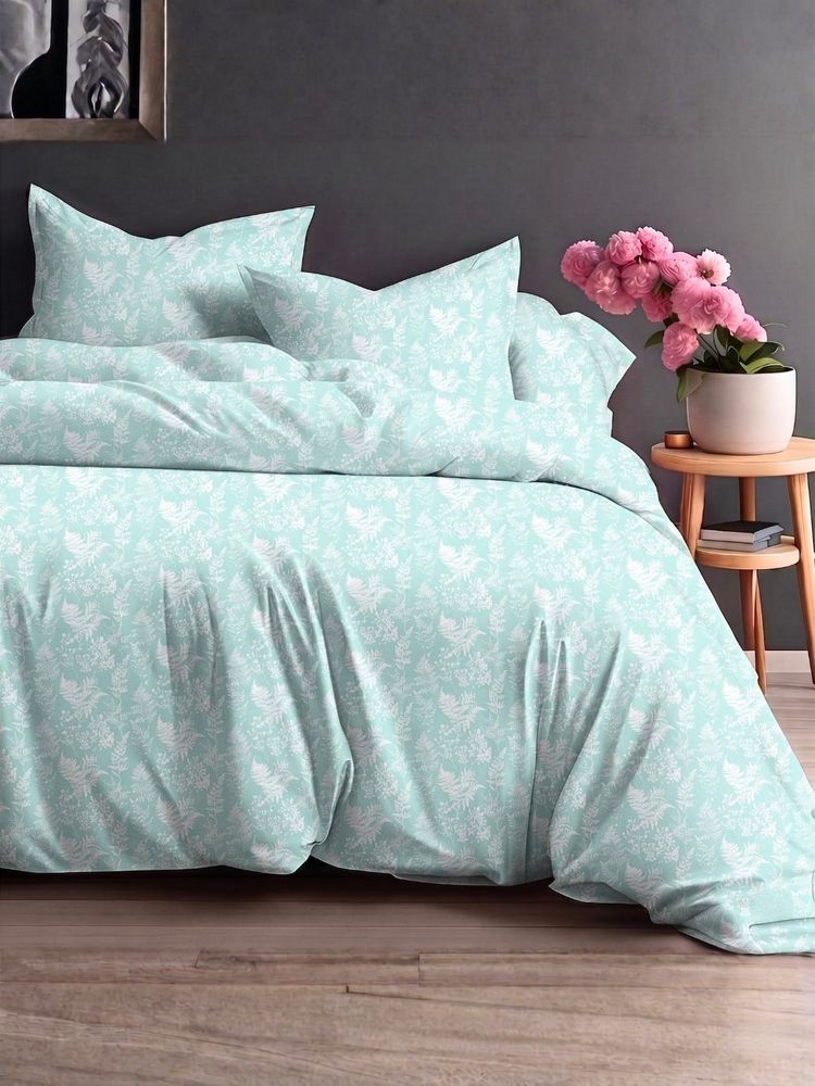 the White Moss Mint Blue Pure Cotton 220Tc Bedsheet With 2 Pillow Covers (Queen)-image-25