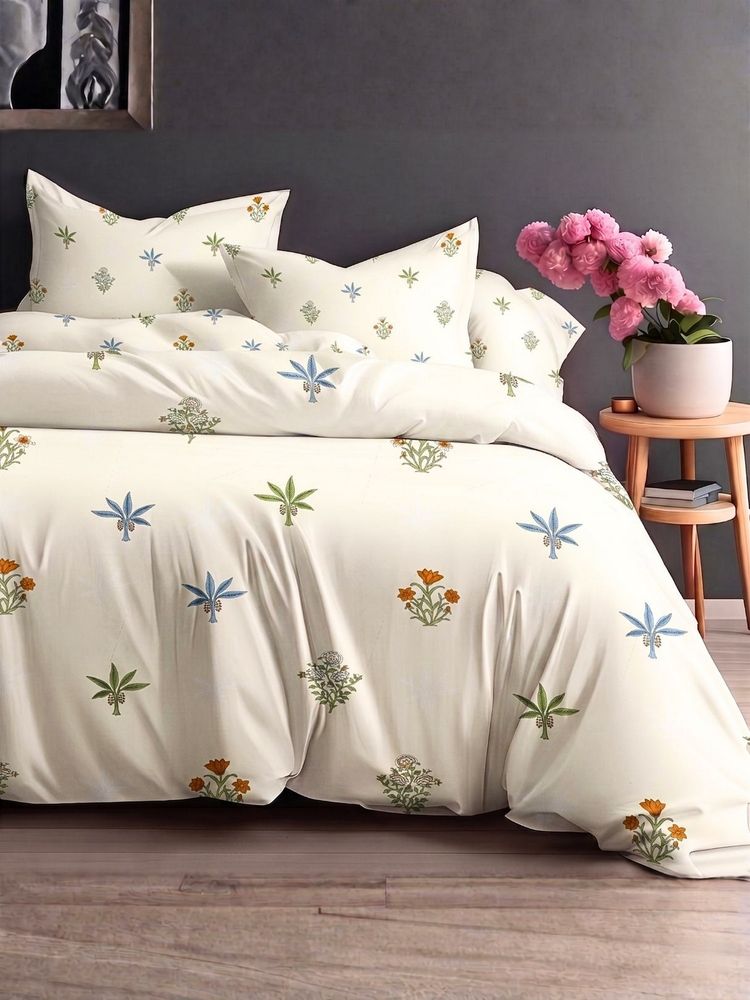 the White Moss Blue & Ivory Pure Cotton 220Tc Bedsheet With 2 Pillow Covers (Queen)-image-15