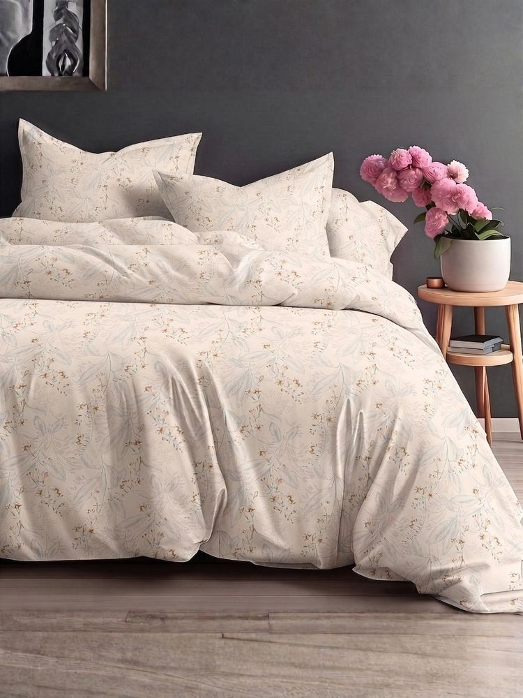 the White Moss Mustard & Ivory Pure Cotton 220Tc Bedsheet With 2 Pillow Covers (Queen)-picture-28