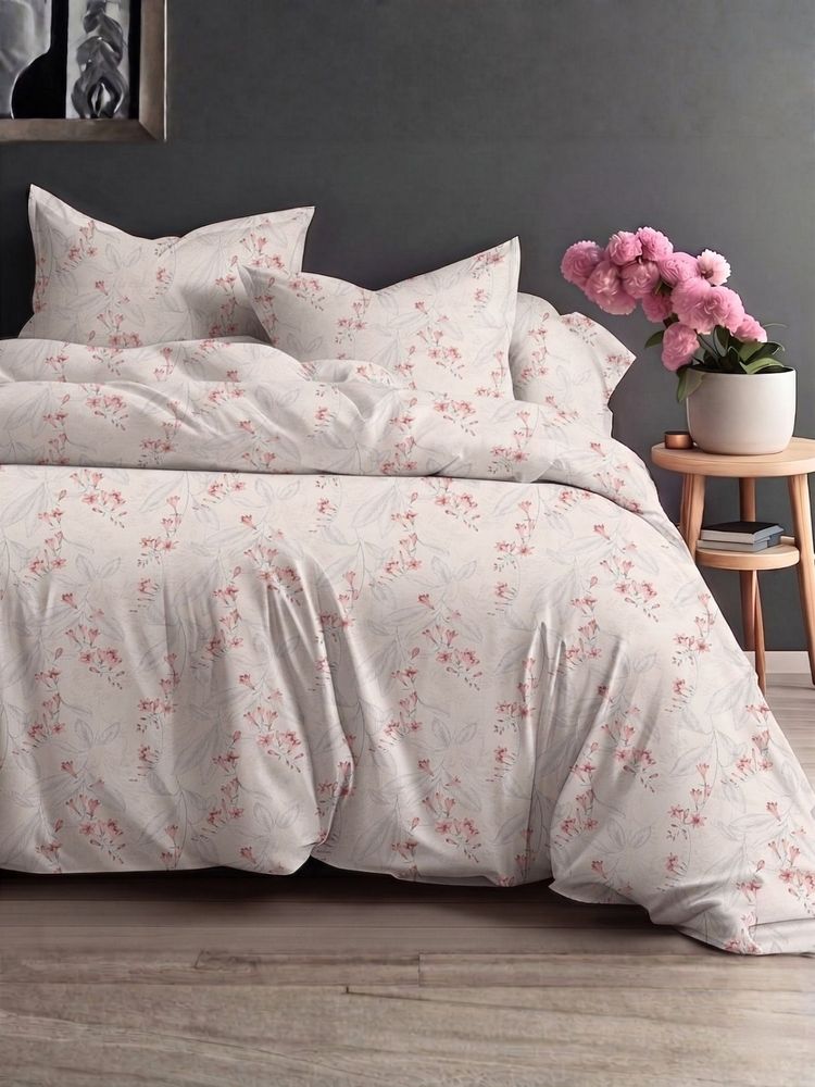the White Moss Pink & Ivory Pure Cotton 220Tc Bedsheet With 2 Pillow Covers (Queen)-image-12