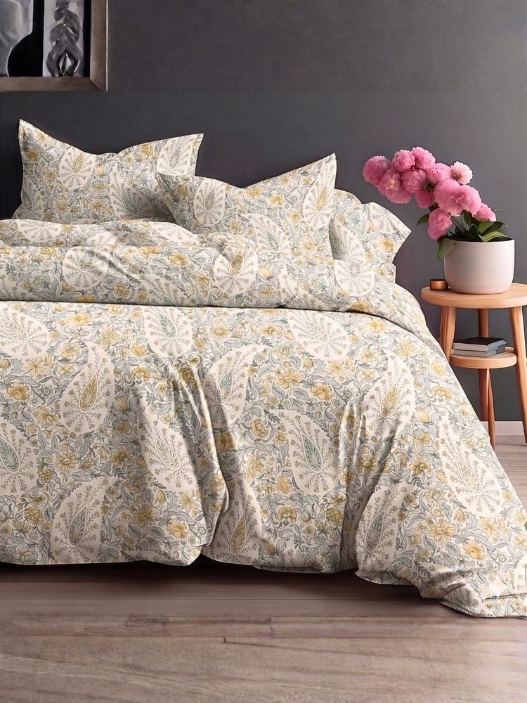 the White Moss Mustard Pure Cotton 220Tc Bedsheet With 2 Pillow Covers (Queen)-image-5
