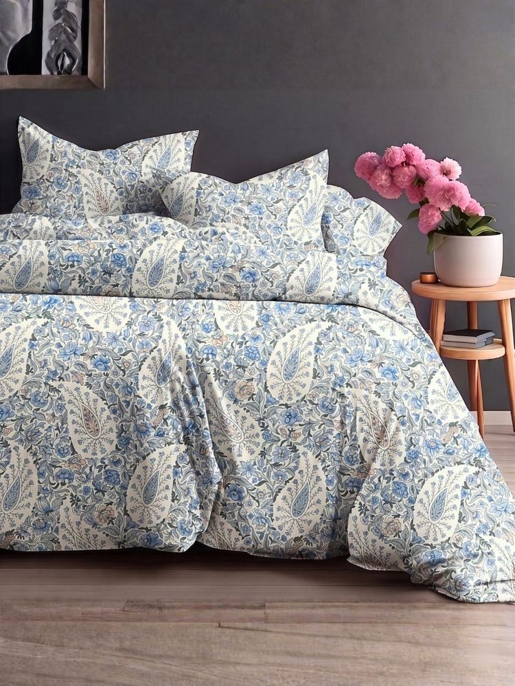 the White Moss Blue Pure Cotton 220Tc Bedsheet With 2 Pillow Covers (Queen)-image-13