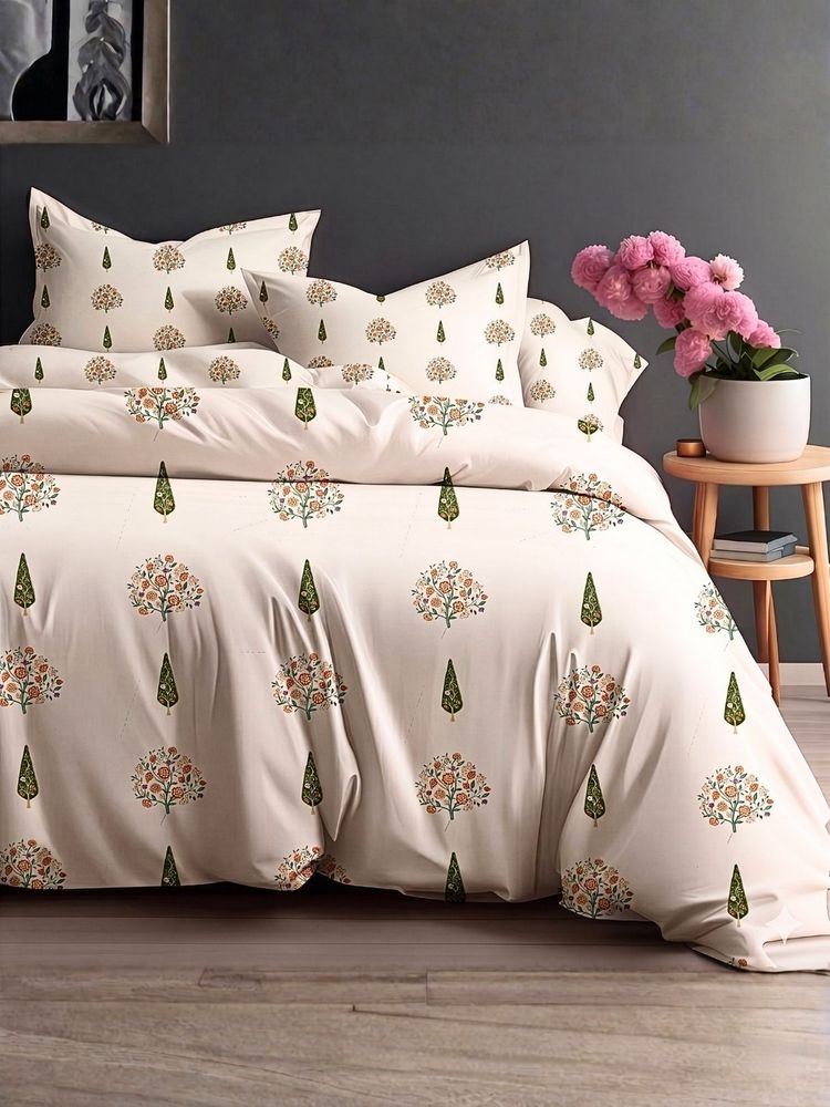the White Moss Cream & Olive Pure Cotton 220Tc Bedsheet With 2 Pillow Covers (Queen)-picture-34