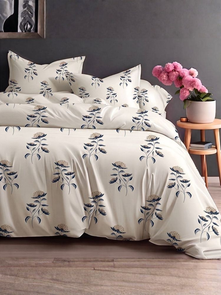 the White Moss Blue Pure Cotton 220Tc Bedsheet With 2 Pillow Covers (Queen)-image-3