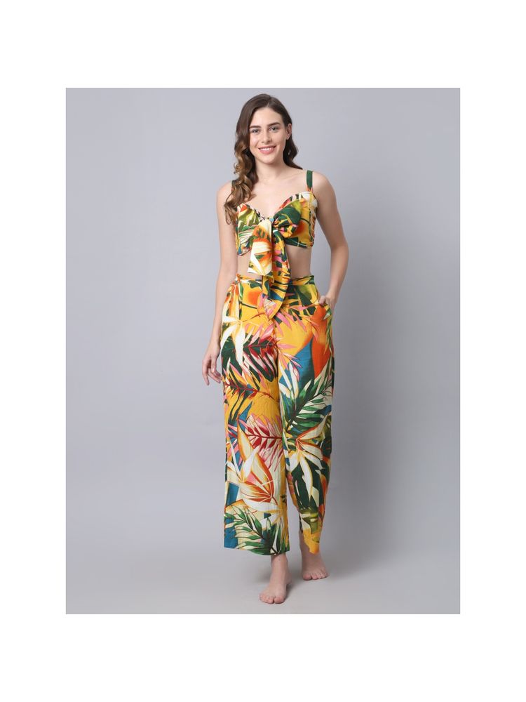 Erotissch Women Yellow & Green Tropical Printed Beachwear Set