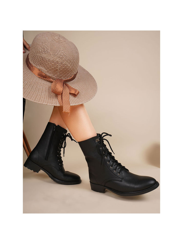 SHUZ TOUCH Black Solid Lace Up Boots-picture-16
