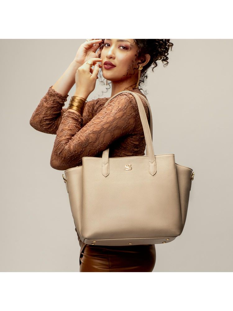 Strokes by Namrata Mehta Almond Creme Cresta Tote Bag with Detachable Strap (M)-image-7