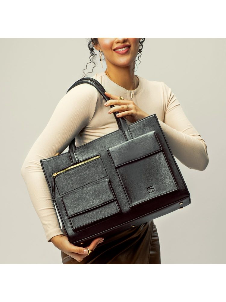 Strokes by Namrata Mehta Charcoal Chic Maison Elan Tote Bag with Detachable Strap (L)-image-16