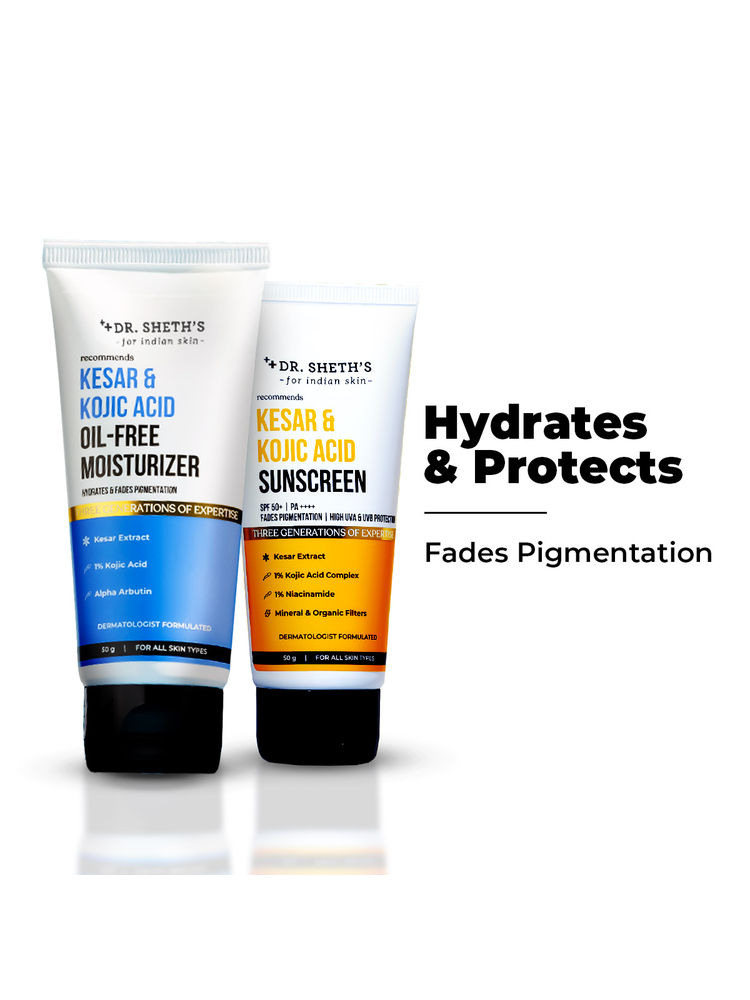 Dr. Sheth's Pigmentation-Free Duo - Kesar & Kojic Sunscreen SPF 50+ & Oil-Free Moisturizer