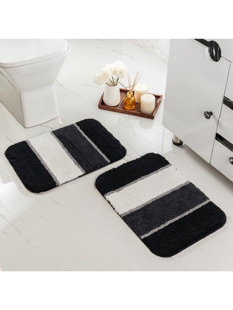 Saral Home TRIS Soft Thick Microfiber Anti-Skid Bath Mats Pack of 2 Stripe - Black-image-38