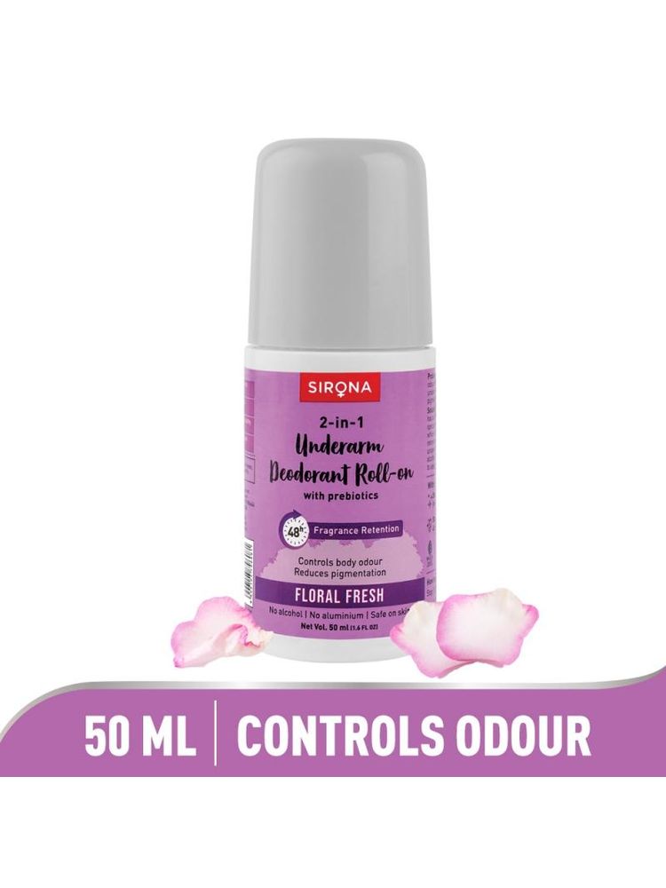 Sirona Underarm Roll On (Floral Fresh) With Prebiotics, 48 Hrs Retention, Alcohol Free, Safe On Skin