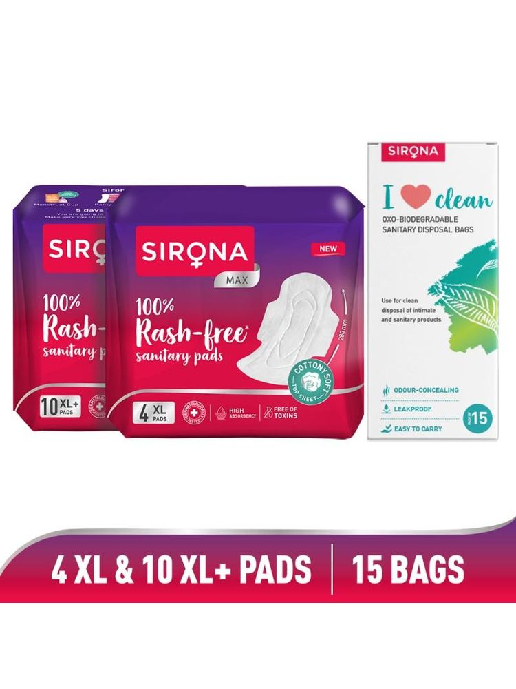 Sirona Cottony Soft Rash Free Sanitary Pads Combo (Pack Of 4 & 10) With Sanitary Disposal Bags