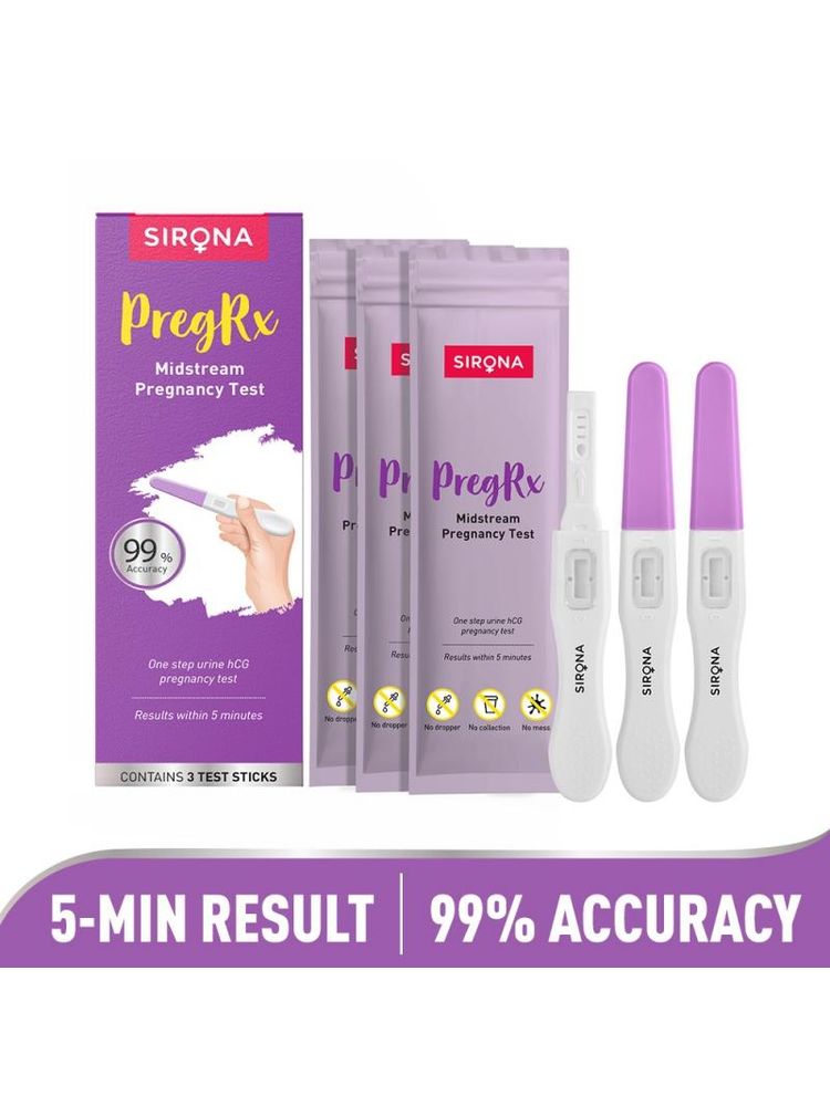 Sirona Pregrx Midstream One Step Urine Hcg Pregnancy Test Kits (3), 99% Accuracy, Results In 5 Mins