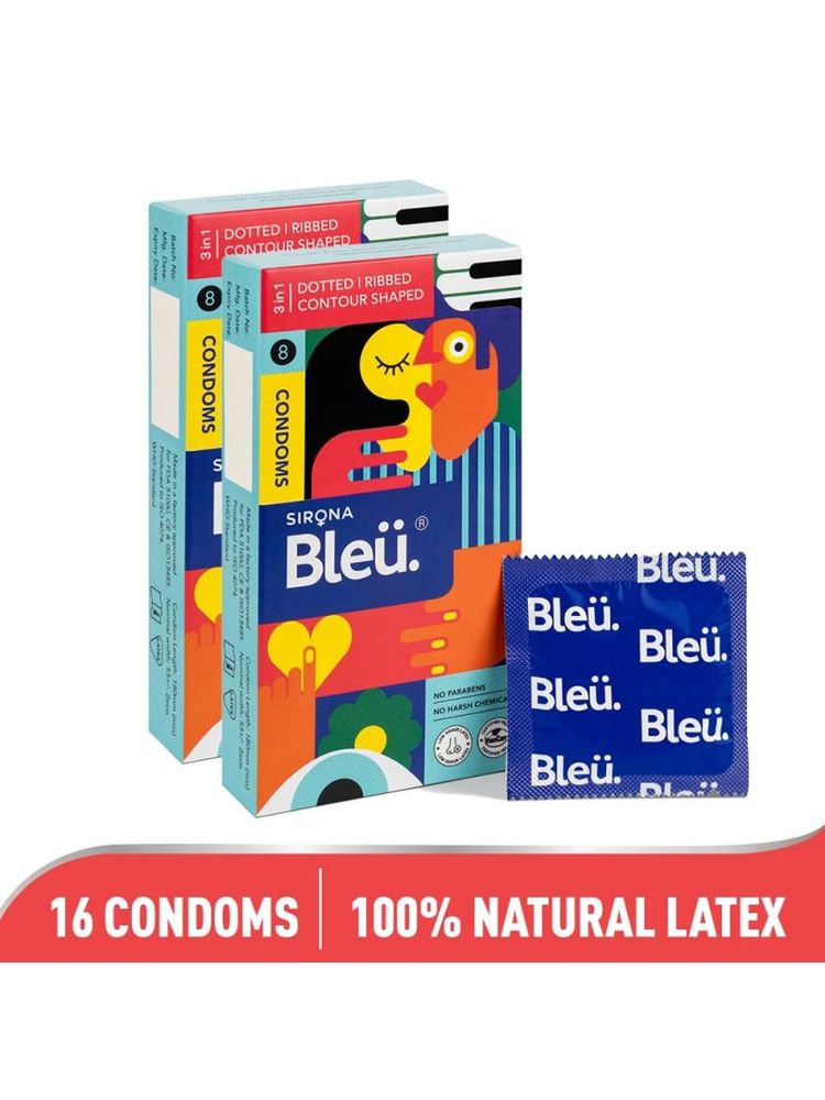 Sirona Bleu 3-In-1 (Dotted, Ribbed & Contour Shaped) Condoms For Men & Women, 100% Natural Latex