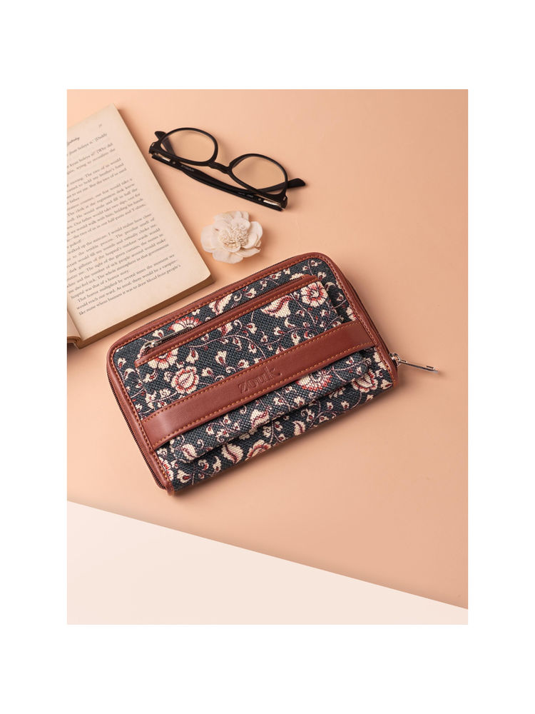 Zouk Chittoor Navy Blue Kalamkari Classic Zipper Wallet-image-42
