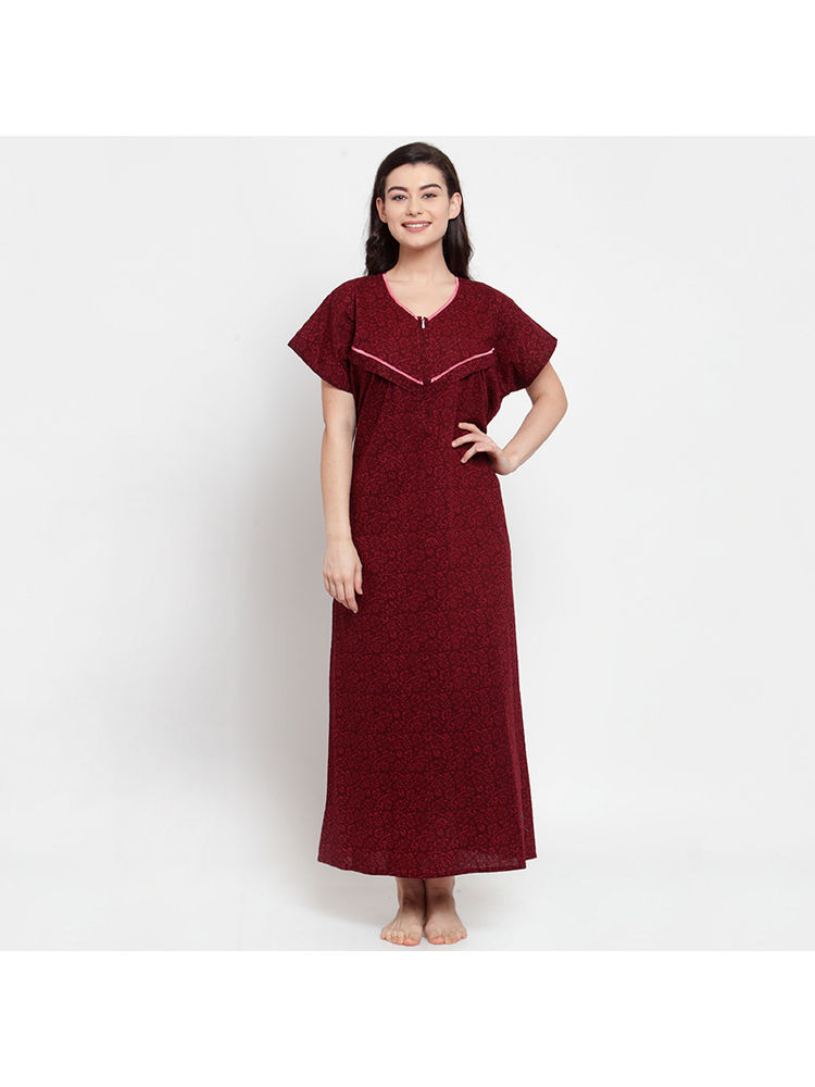 Secret Wish Women's Maroon Cotton Printed Maternity Nighty (Free Size)-picture-36