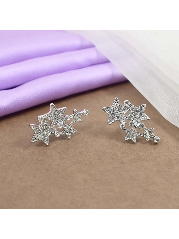 Salty Crystal Studded 4 Star Silver Earrings-picture-11
