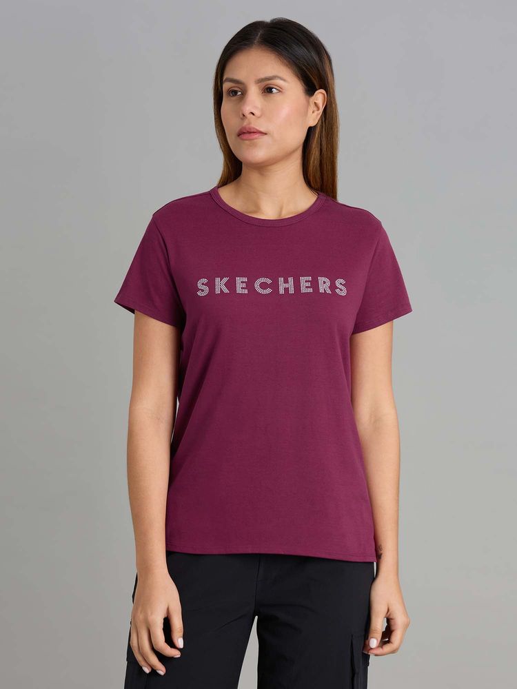 SKECHERS Women Wine Crew Neck Diamonte T-Shirt-image-2