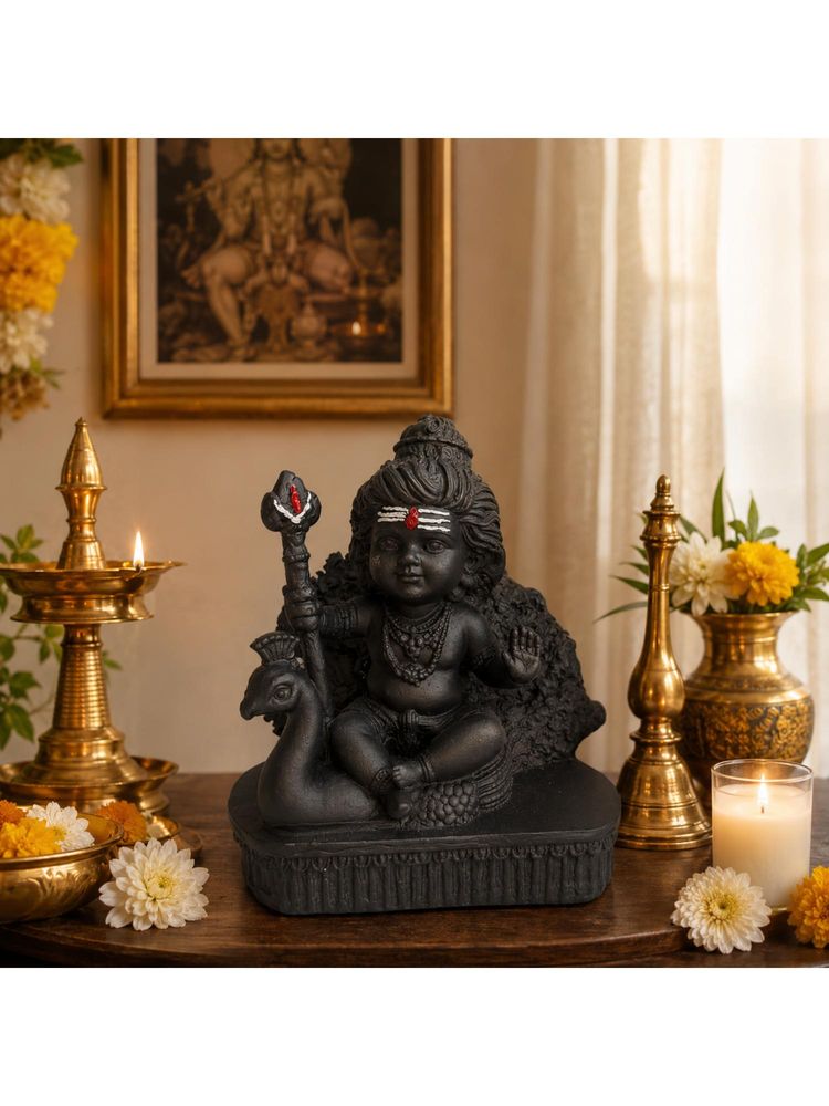 eCraftIndia Black Lord Kartikeya Ji Idol with Peacock Decorative Showpiece for Home