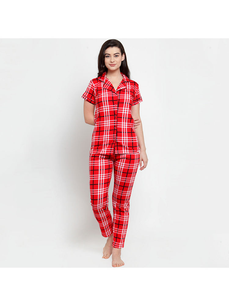 Secret Wish Women's Red Cotton Checked Nightsuit