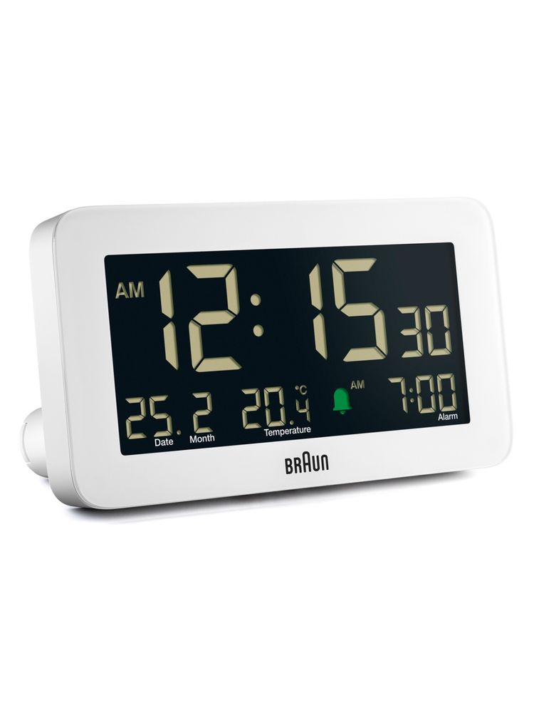 Braun Digital Alarm Clock with Date, Month and Temperature Displayed in White-image-3