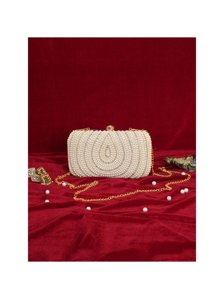 Fabbhue Women's White Hand Embroidered Box Clutch Bag