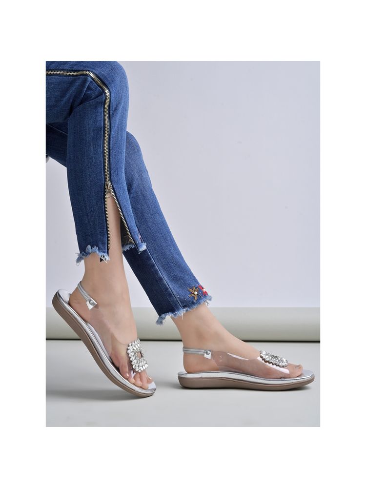 Shoetopia Embellished Silver Flat Sandals For Women and Girls